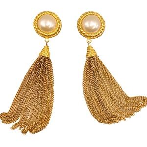 Vintage 1980s Gold Tone Pearl Fringe Tassle Statement Earrings